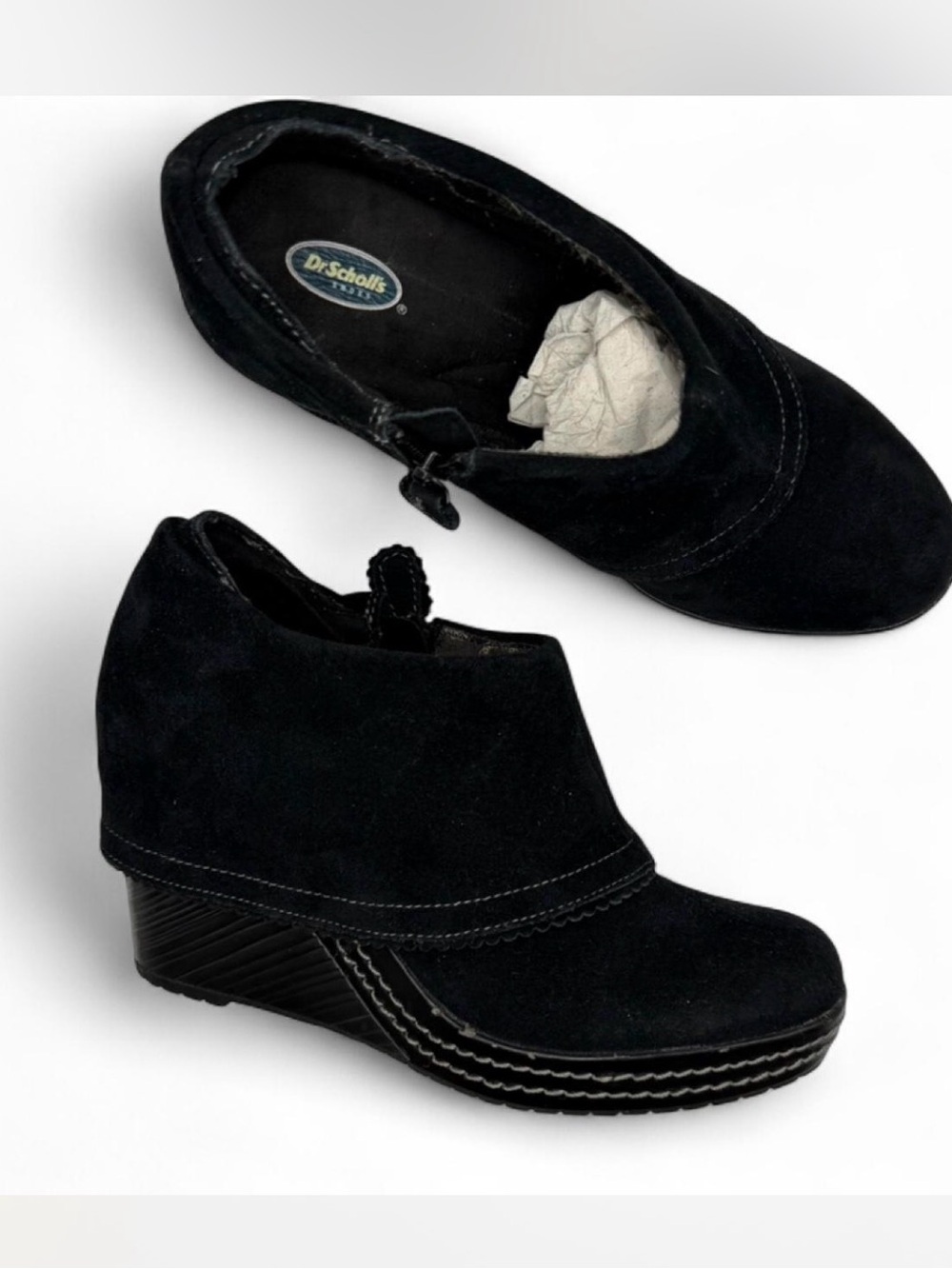 Dr. Scholl's black suede fold-over wedge booties
